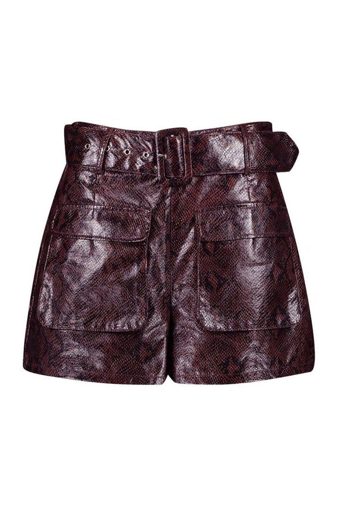 Womens Snake Print Leather Look Belted Pocket Shorts - Brown - 14, Brown