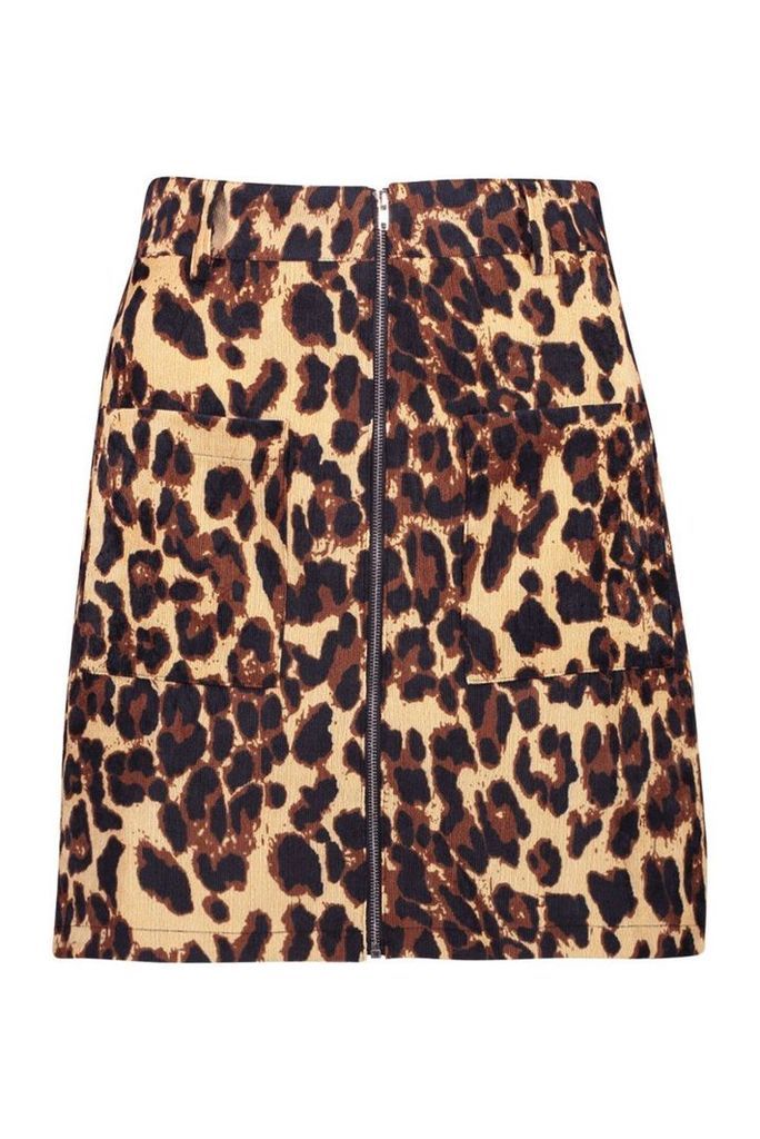 Womens Pocket Front Leopard Cord Mini Skirt - beige - 8, Beige
