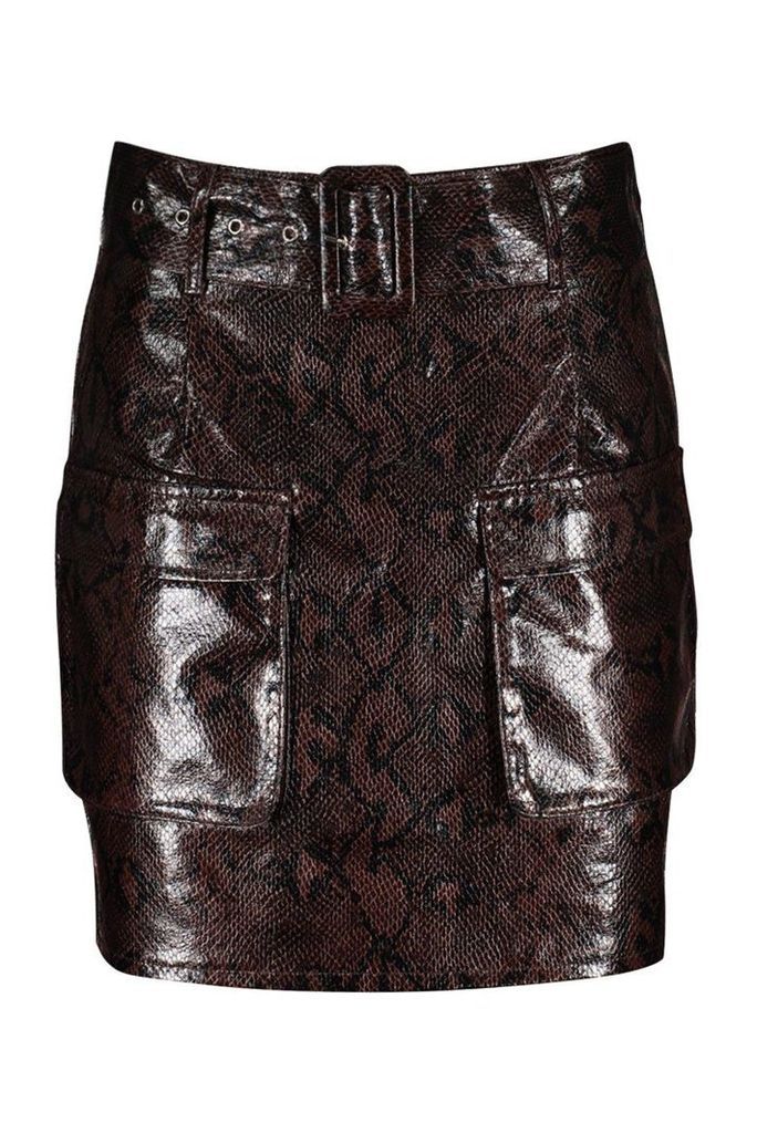 Womens Snake Print Leather Look Belted Cargo Mini Skirt - brown - 12, Brown