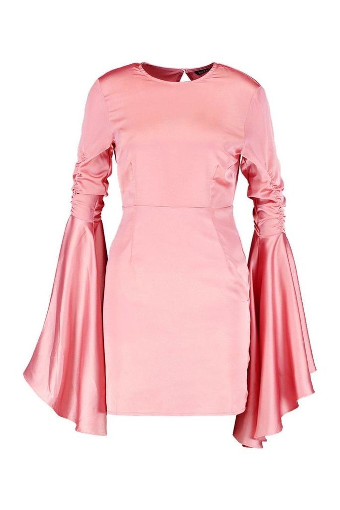 Womens Satin Ruched Flared Sleeve Bodycon Dress - pink - 10, Pink