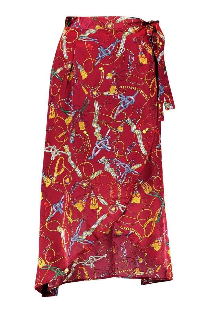 Womens Satin Chain Print Wrap Midaxi Skirt - red - 10, Red