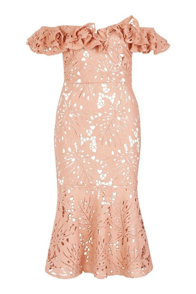 Womens Premium Lace Off The Shoulder Midi Dress - pink - 8, Pink