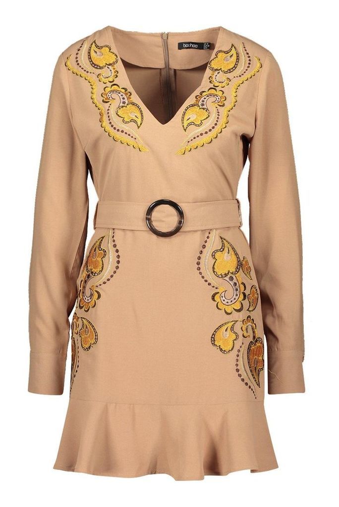 Womens Embroidered Belted Shift Dress - beige - 10, Beige
