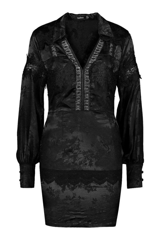 Womens Satin Jacquard Lace Trim Shirt Dress - black - 8, Black