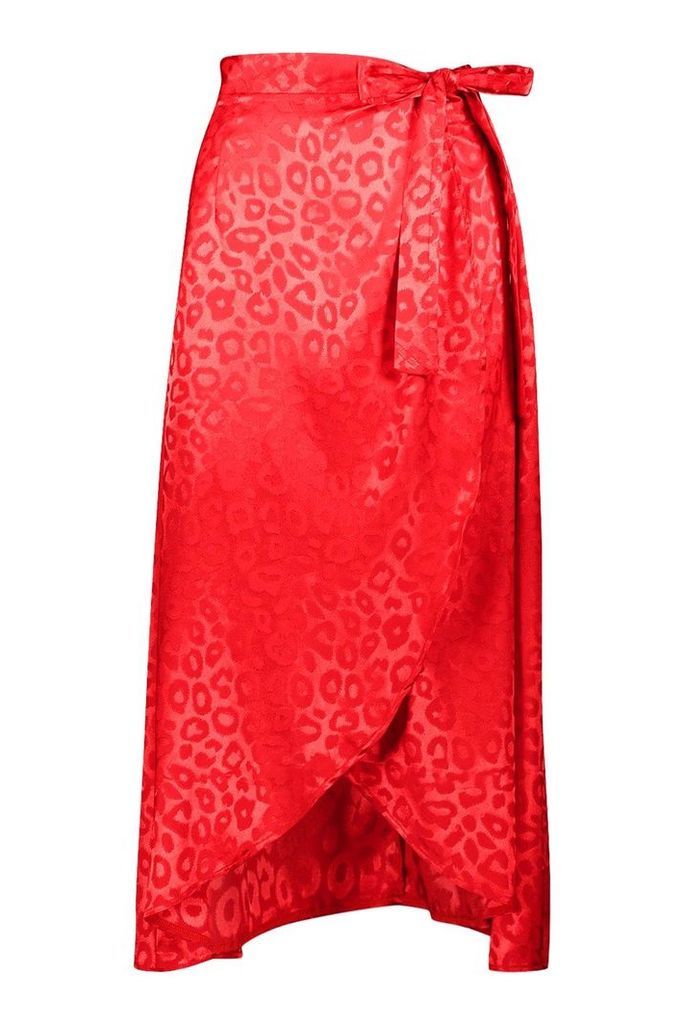 Womens Leopard Satin Jacquard Wrap Midaxi Skirt - red - 10, Red