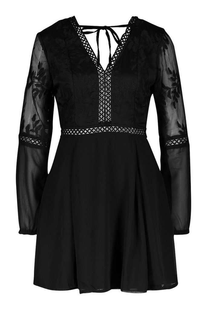 Womens Crochet Lace Insert Skater Dress - black - 8, Black