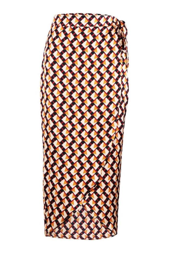 Womens Geo Print Satin Wrap Midaxi Skirt - beige - 14, Beige
