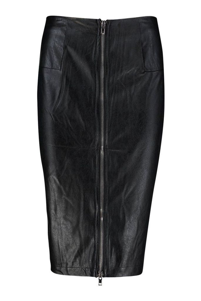 Womens PU Leather Look Zip Front Midi Skirt - black - M, Black