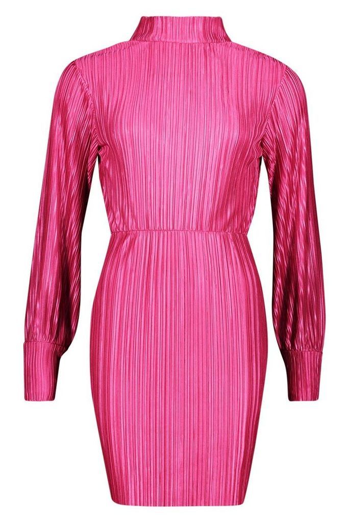 Womens Plisse Blouson Sleeve Open Back Bodycon Dress - Pink - 6, Pink