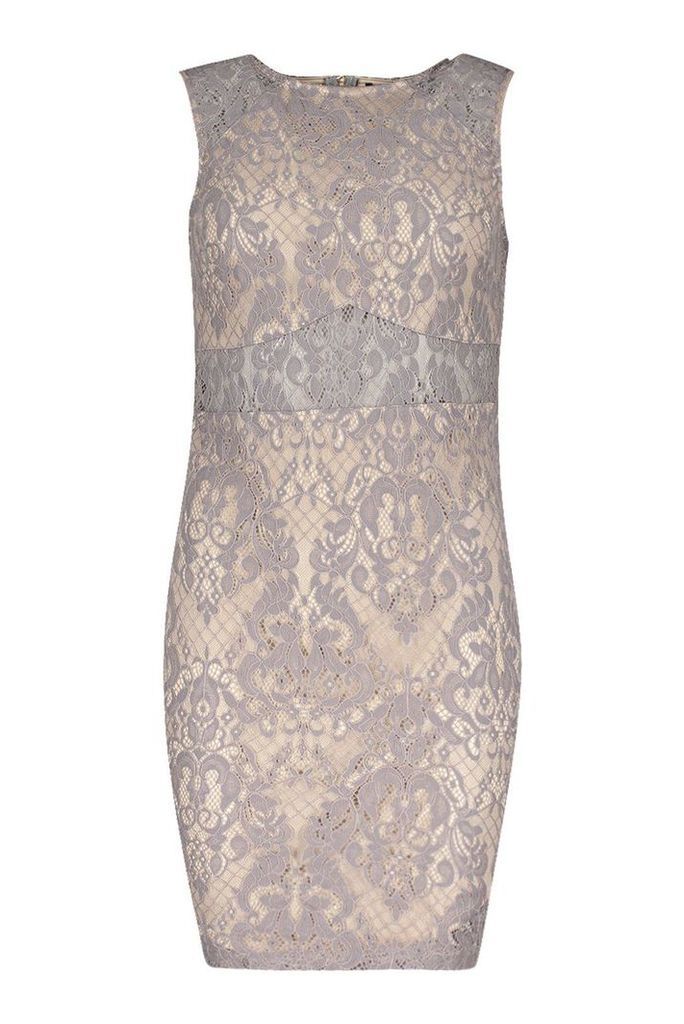 Womens Woven Embroidery Lace Bodycon Dress - grey - 14, Grey