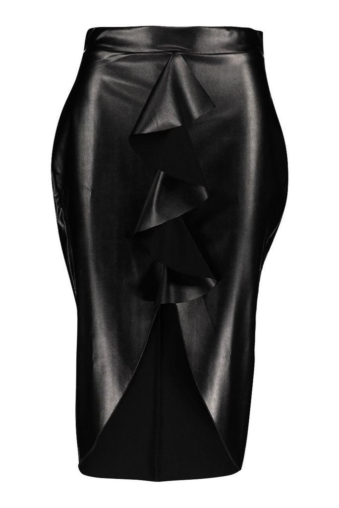 Womens Leather Ruffle Front Midi Skirt - black - 8, Black