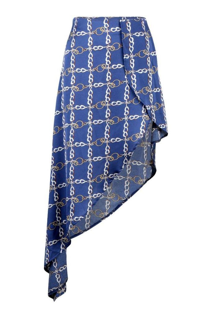 Womens Chain Print Satin Asymmetric Skirt - blue - 10, Blue