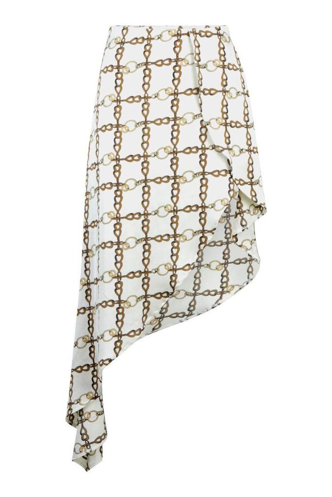 Womens Chain Print Satin Asymmetric Skirt - white - 10, White