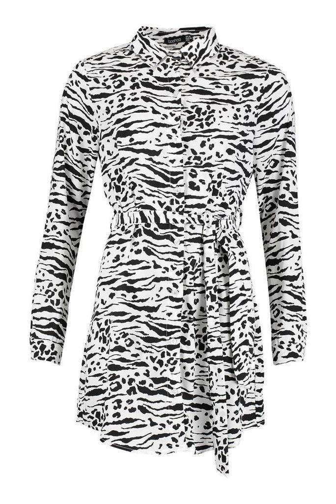 Womens Belted Tiger Print Woven Shirt Dress - black - 14, Black