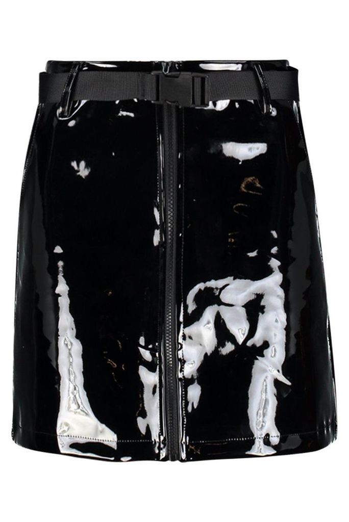 Womens PU Patent Buckle Mini Skirt - black - M, Black
