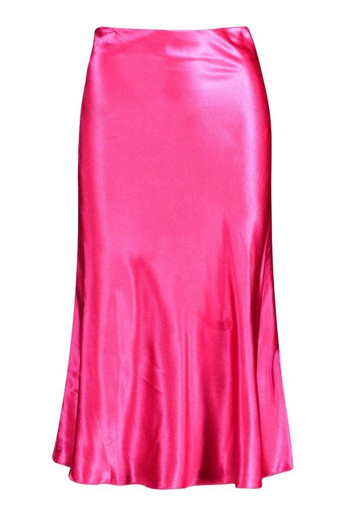 Womens Satin Bias Cut Slip Midi Skirt - Pink - 16, Pink