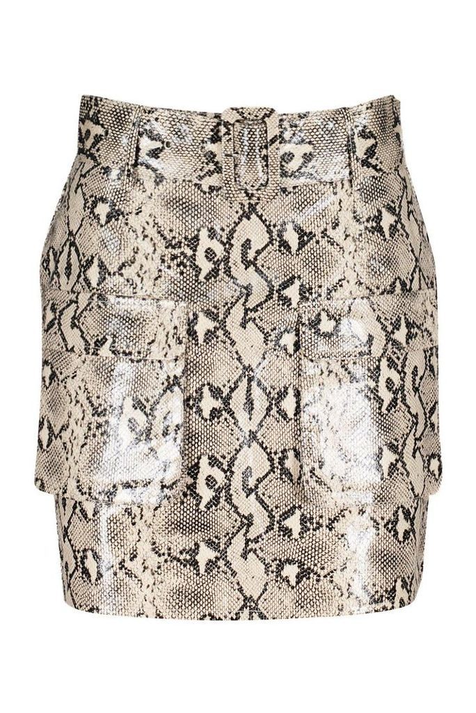 Womens Snake Print Leather Look Belted Cargo Mini Skirt - beige - 14, Beige