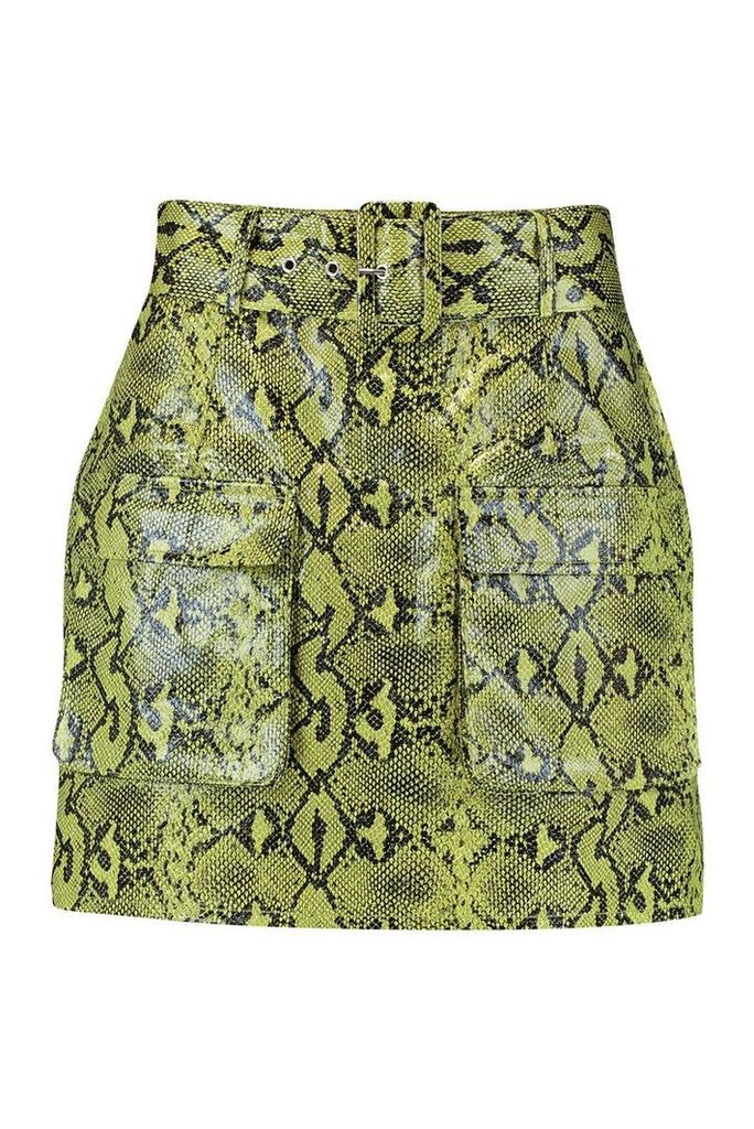 Womens Snake Print Leather Look Belted Cargo Mini Skirt - green - 12, Green
