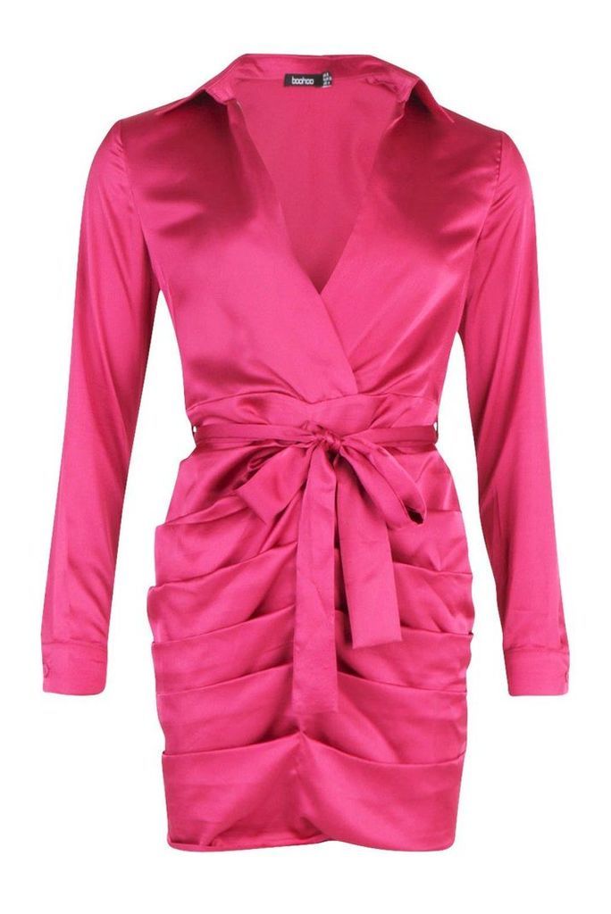 Womens Satin Ruched Shirt Dress - pink - 10, Pink
