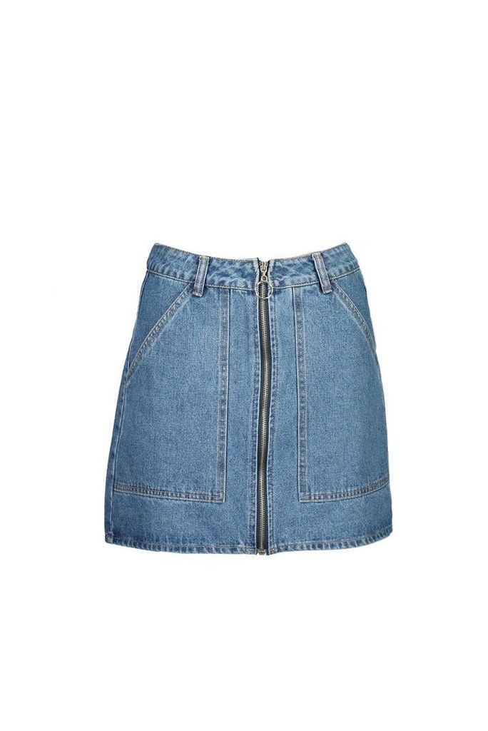 Womens Zip Through Pocket Denim Mini Skirt - blue - 10, Blue