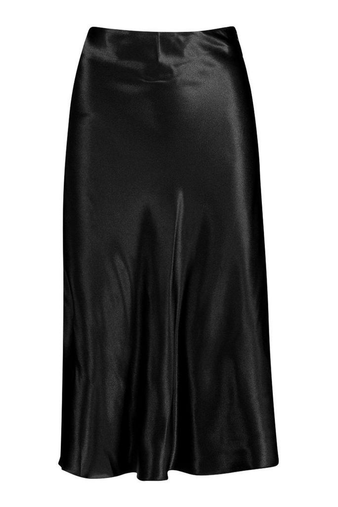 Womens Satin Bias Cut Slip Midi Skirt - Black - 14, Black