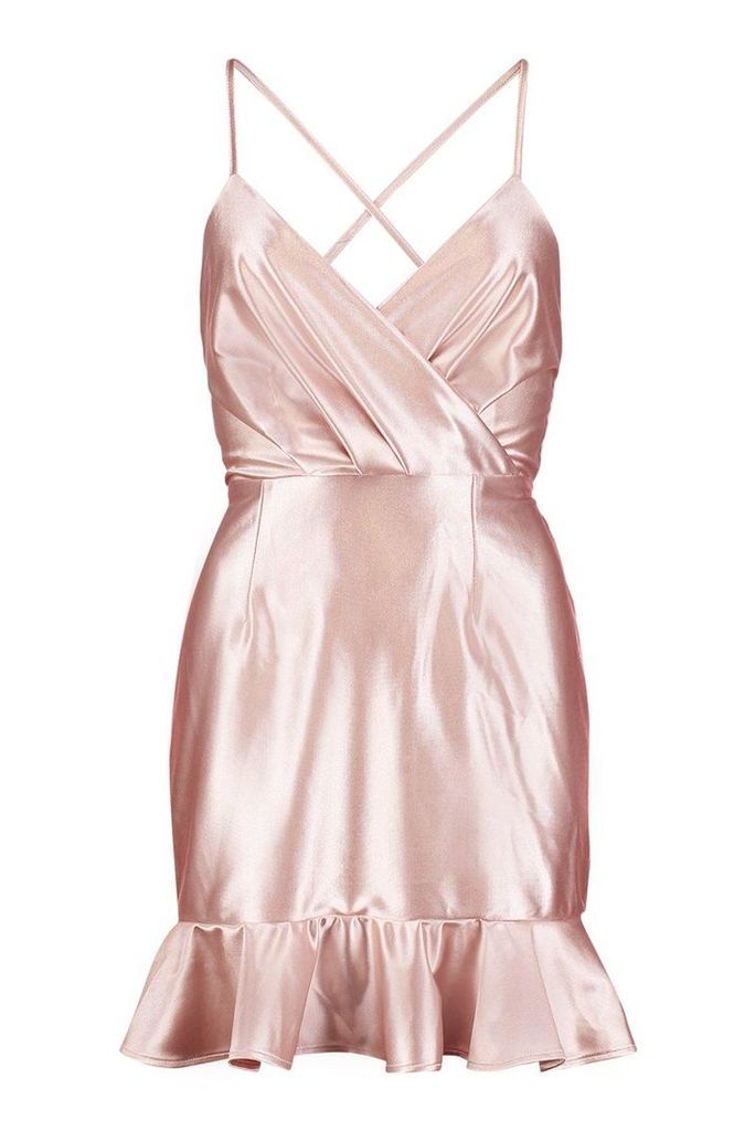 Womens Satin Wrap Front Ruffle Hem Bodycon Mini Dress - pink - 10, Pink