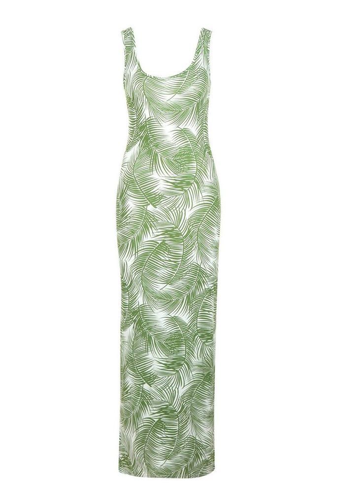 Womens Petite Palm Print Maxi Dress - green - 4, Green