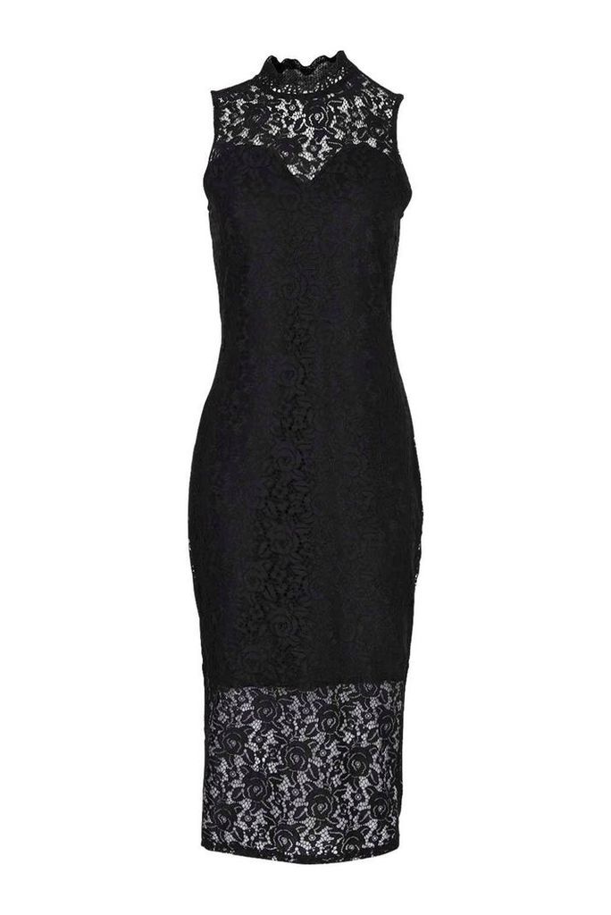 Womens Boutique Lace High Neck Bodycon Midi Dress - black - 6, Black