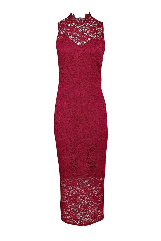 Womens Boutique Lace High Neck Bodycon Midi Dress - red - 6, Red