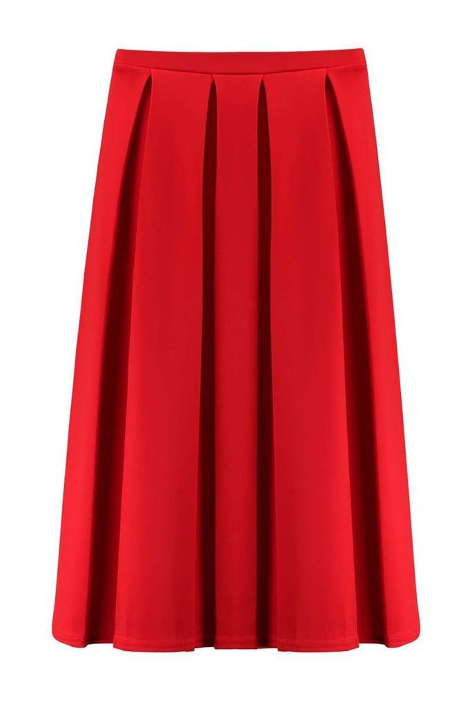 Womens Basic Box Pleat Midi Skirt - Red - 12, Red