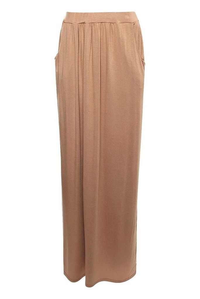 Womens Basic Pocket Front Jersey Maxi Skirt - Beige - 10, Beige