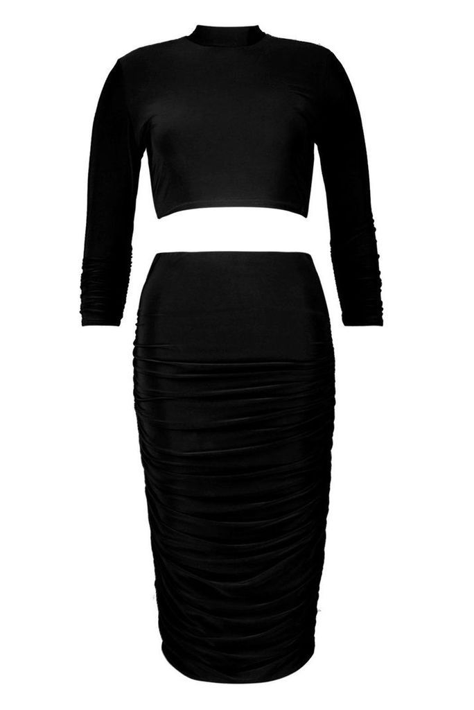 Womens Rouched Sleeve Midi Skirt Co-Ord Set - Black - 12, Black