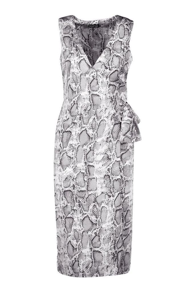 Womens Satin Snake Print Wrap Midi Dress - grey - 8, Grey