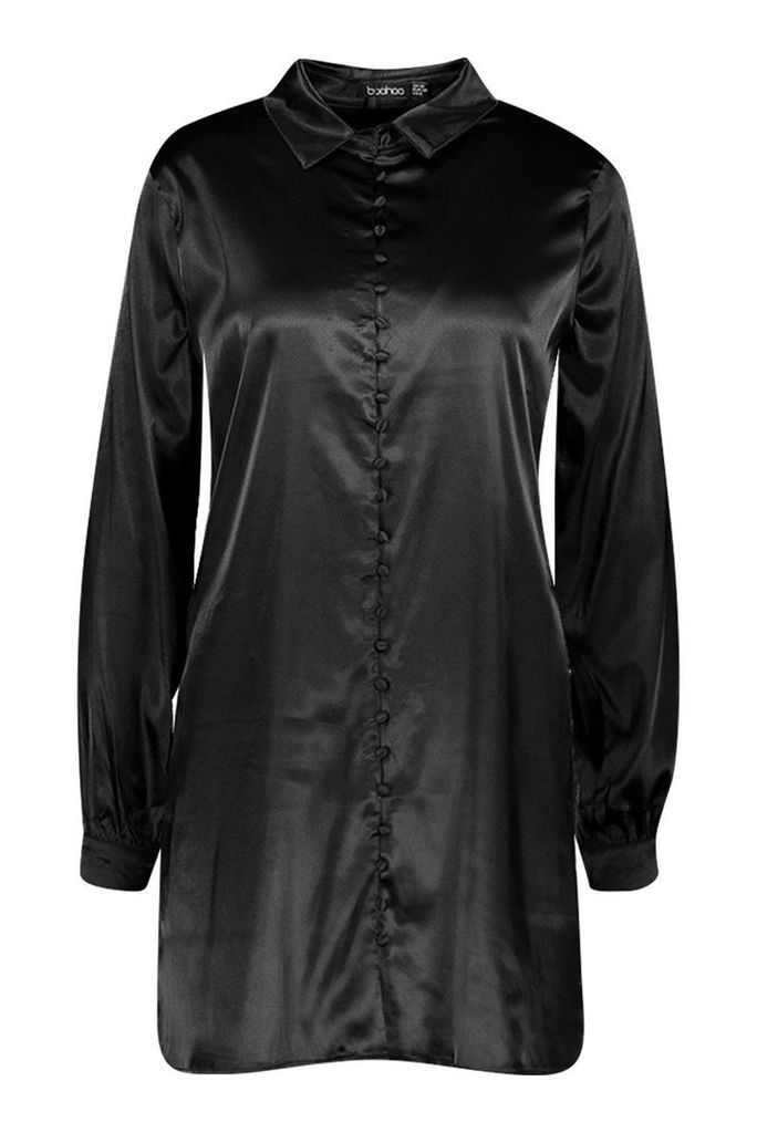 Womens Satin Self-Fabric Button Shirt Dress - black - 14, Black