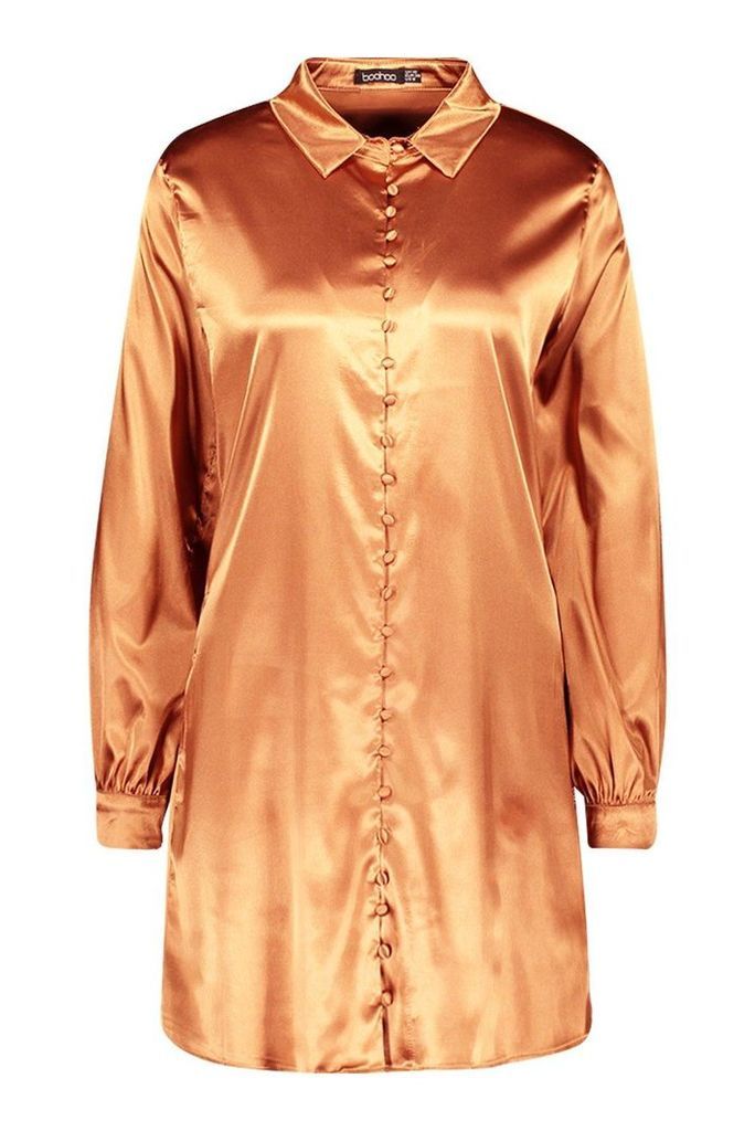 Womens Satin Self-Fabric Button Shirt Dress - brown - 10, Brown