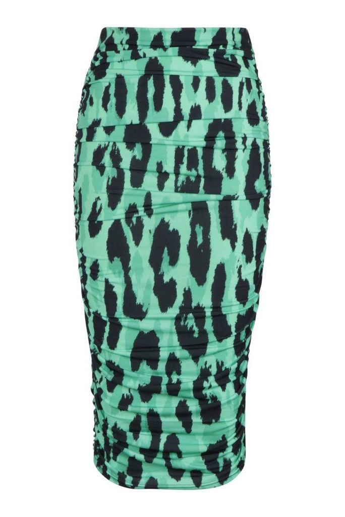 Womens Rouched Side Leopard Print Midi Skirt - green - 8, Green