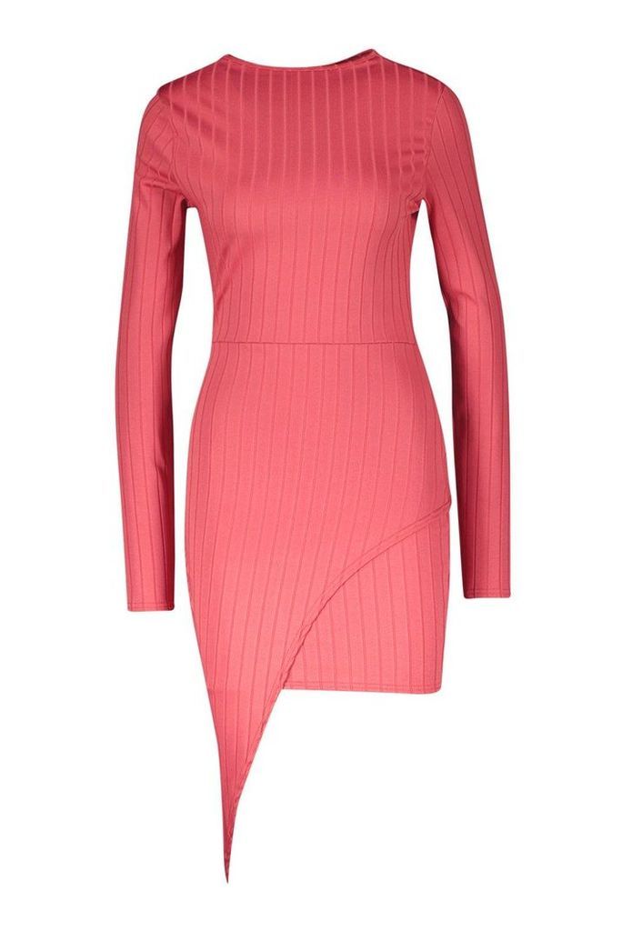Womens Ribbed High Neck Wrap Skirt Midi Dress - pink - 10, Pink