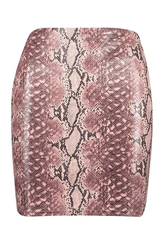 Womens Snake Leather Look Mini Skirt - Pink - 12, Pink