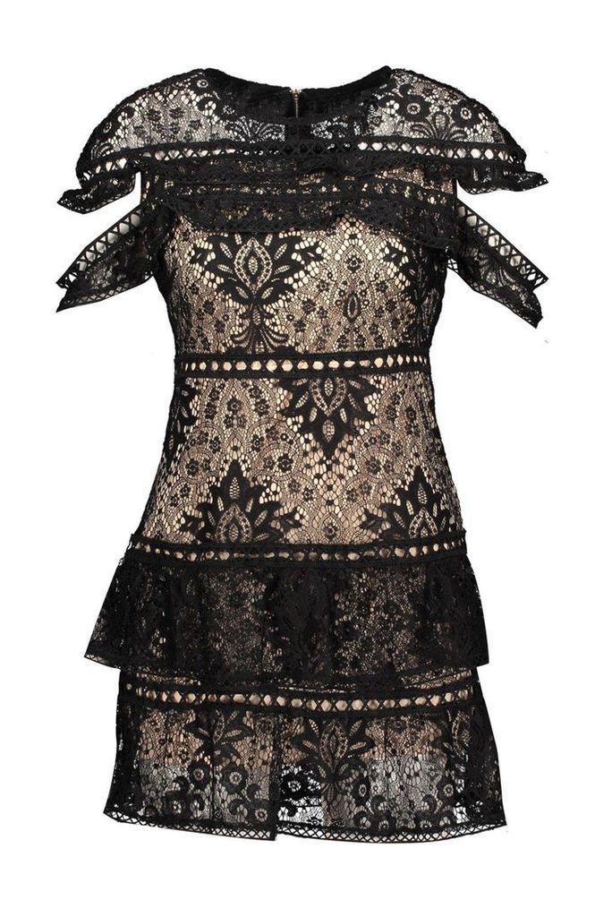 Womens Sleeve Detail Lace Tiered Mini Dress - black - S, Black