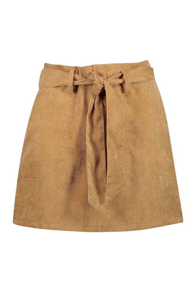 Womens Pocket Front Tie Waist Cord A Line Mini Skirt - Beige - 14, Beige