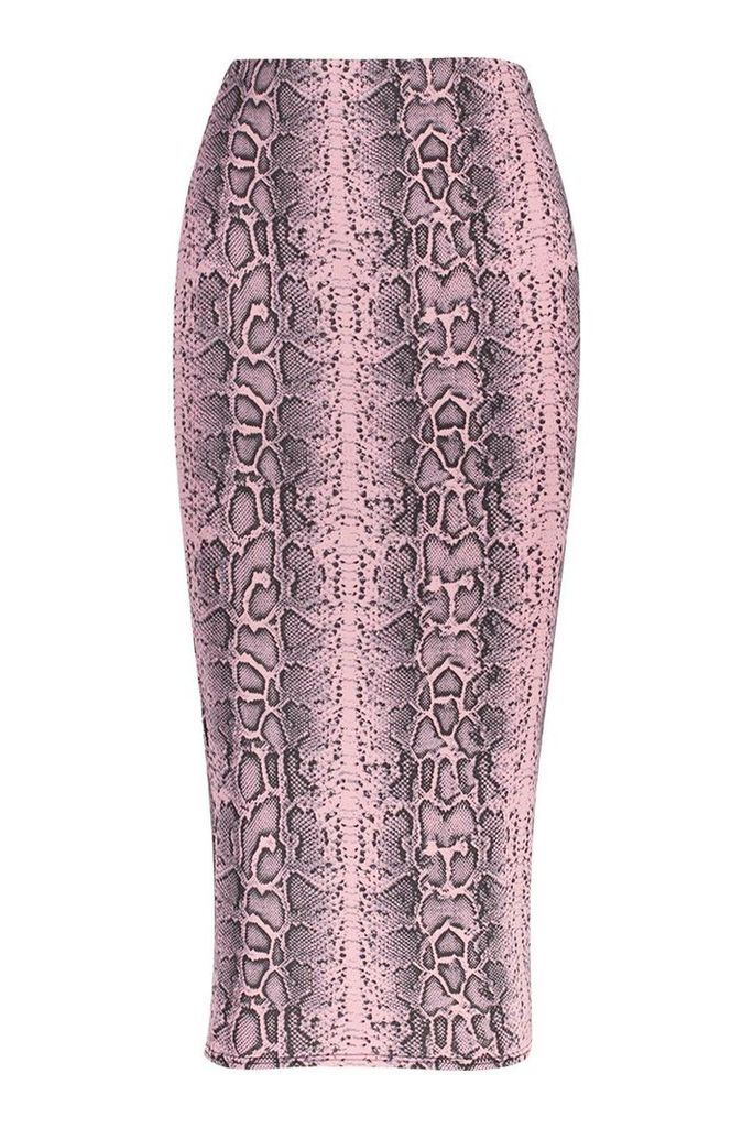 Womens Slinky Snake Print Midaxi Skirt - Pink - 8, Pink