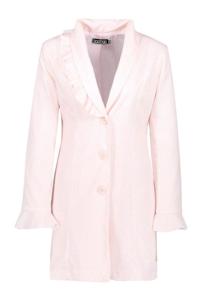 Womens Spot Ruffle Collar & Sleeve Blazer Dress - pink - 10, Pink