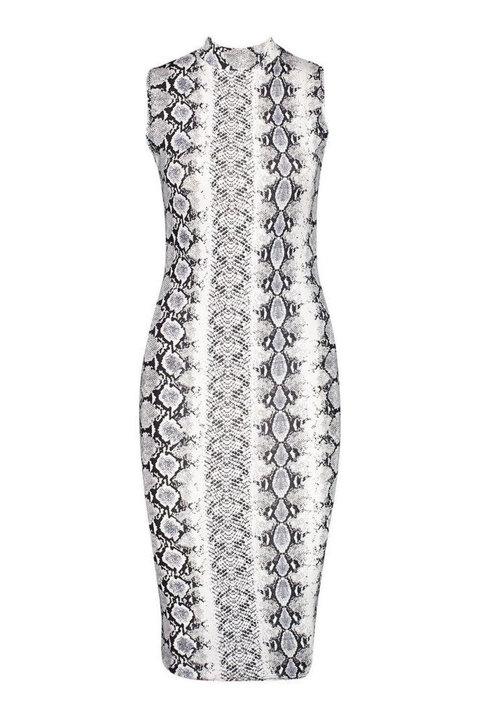 Womens Snake Print Sleeveless Bodycon Midi Dress - grey - 8, Grey