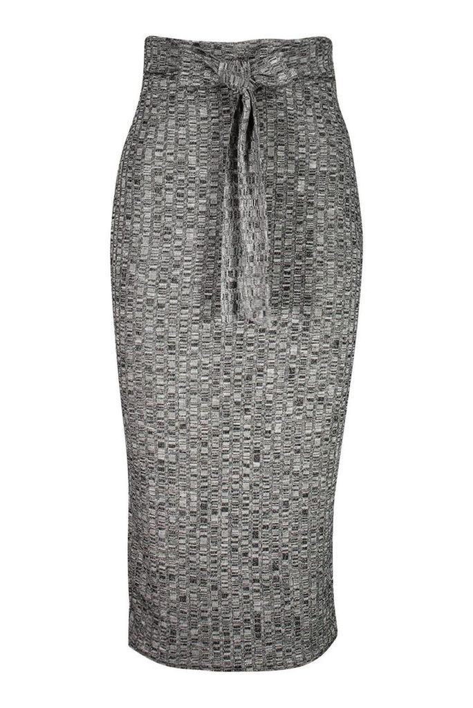 Womens Knitted Ribbed Tie Waist Midaxi Skirt - grey - 14, Grey