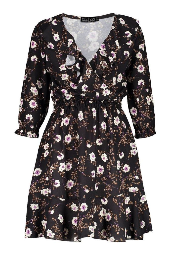 Womens Floral Print Ruffle Detail Tea Dress - black - 14, Black