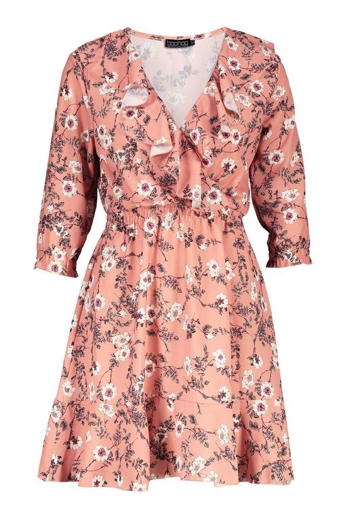 Womens Floral Print Ruffle Detail Tea Dress - pink - 8, Pink
