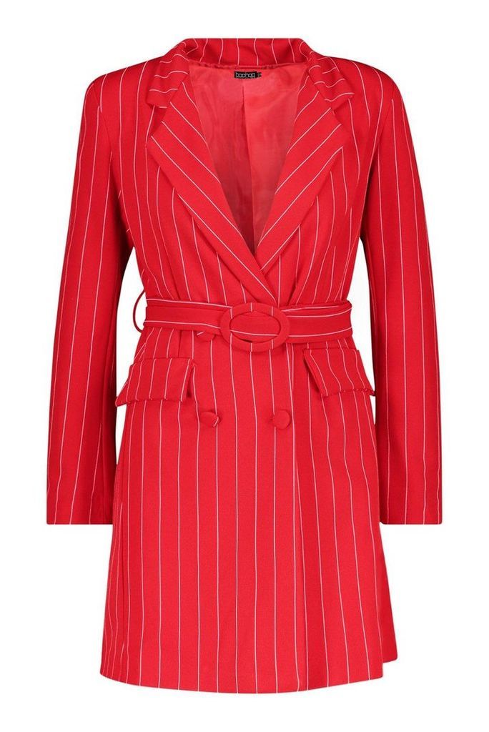 Womens Pinstripe O Ring Belted Blazer Dress - red - 12, Red