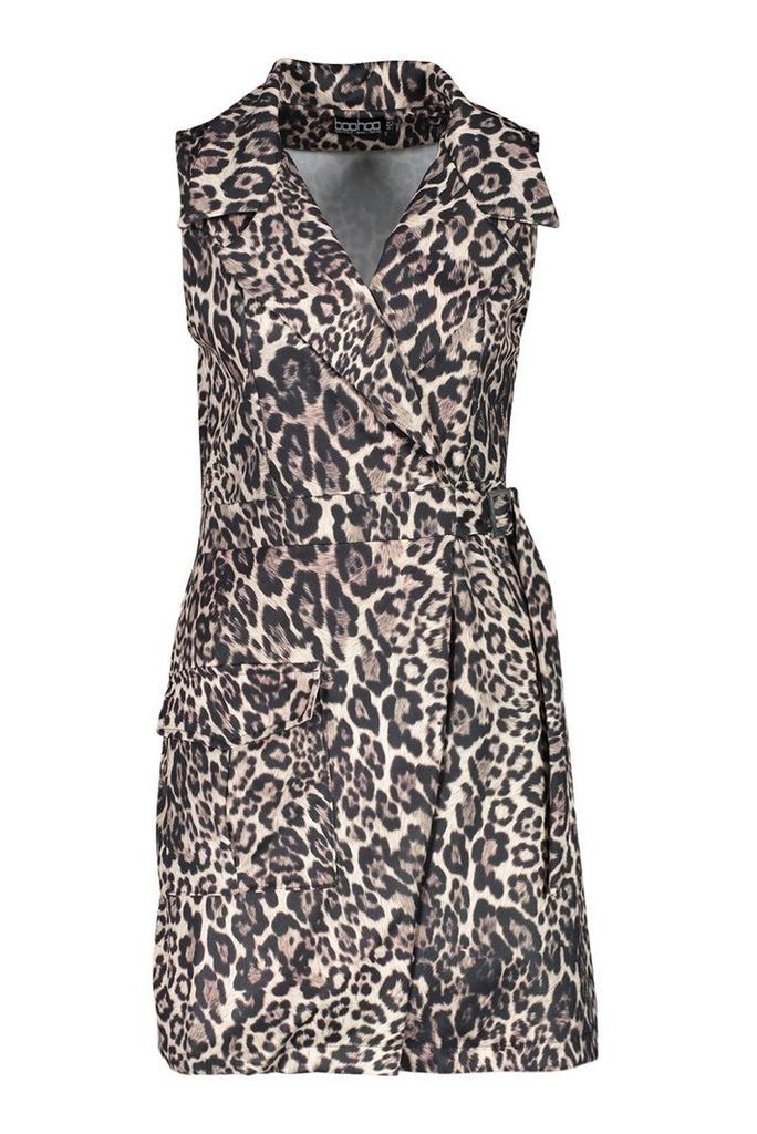 Womens Leopard Buckle Pocket Blazer Dress - beige - 8, Beige