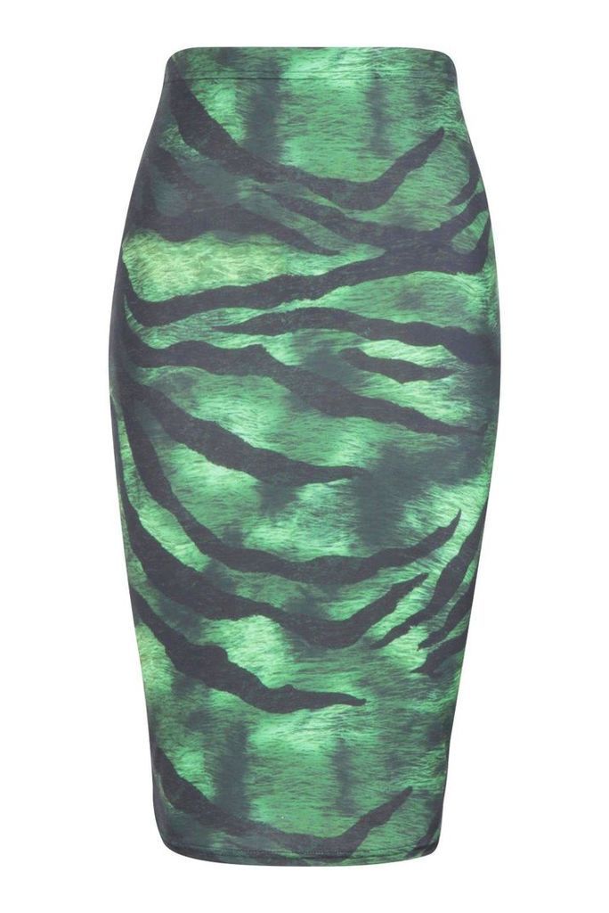 Womens Slinky Tiger Print Midi Skirt - green - 8, Green