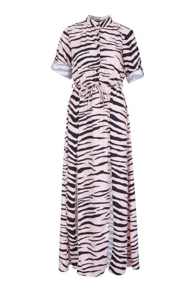 Womens Woven Zebra Maxi Shirt Split Dress - Pink - 8, Pink